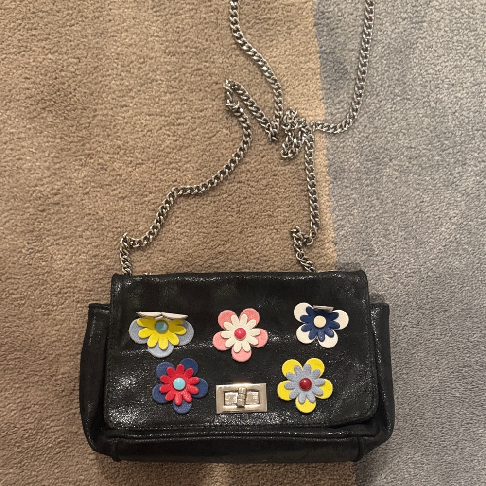 Black Crossbody Bag with Colorful Floral Appliqués